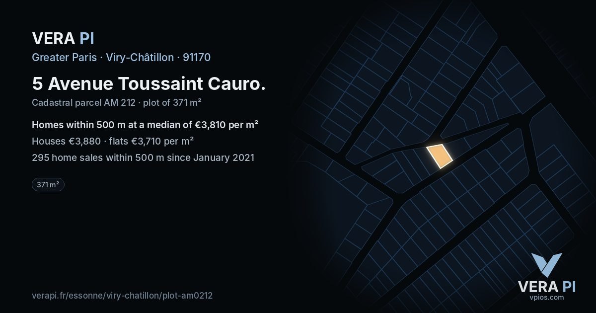 5 Avenue Toussaint Cauro, Viry-Châtillon at night – the plot lit, the parcels around coloured by the prices near them