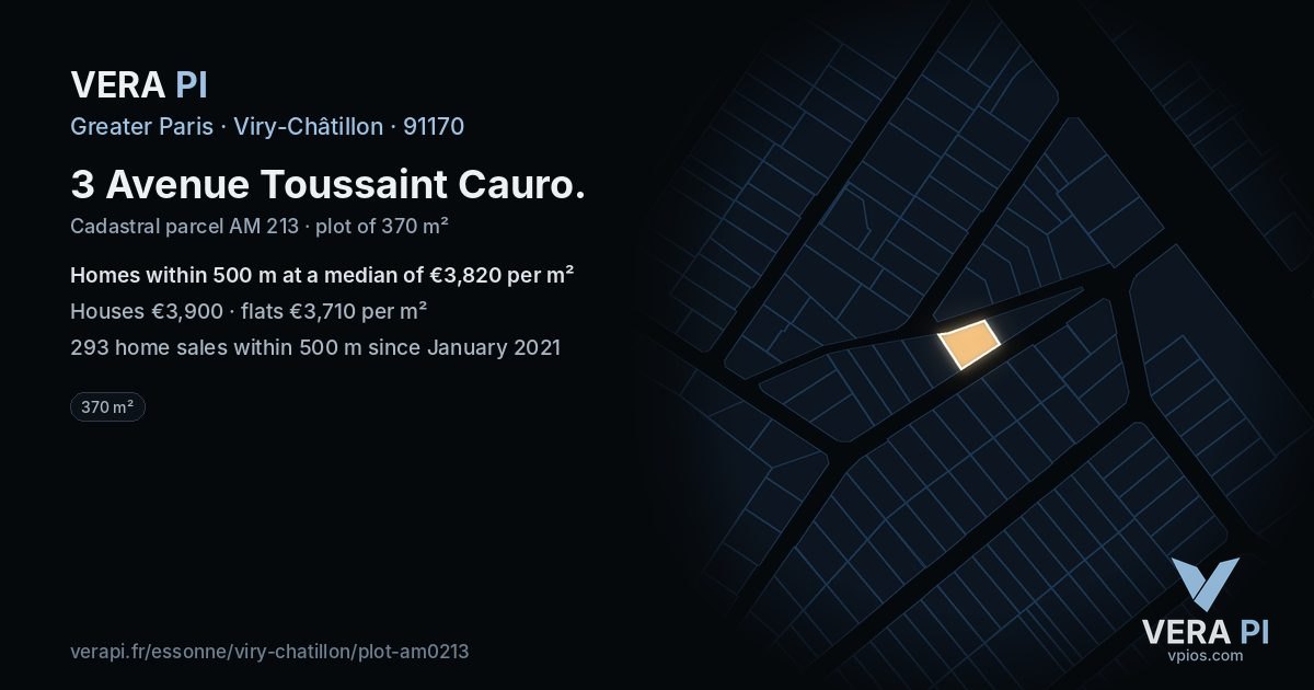 3 Avenue Toussaint Cauro, Viry-Châtillon at night – the plot lit, the parcels around coloured by the prices near them