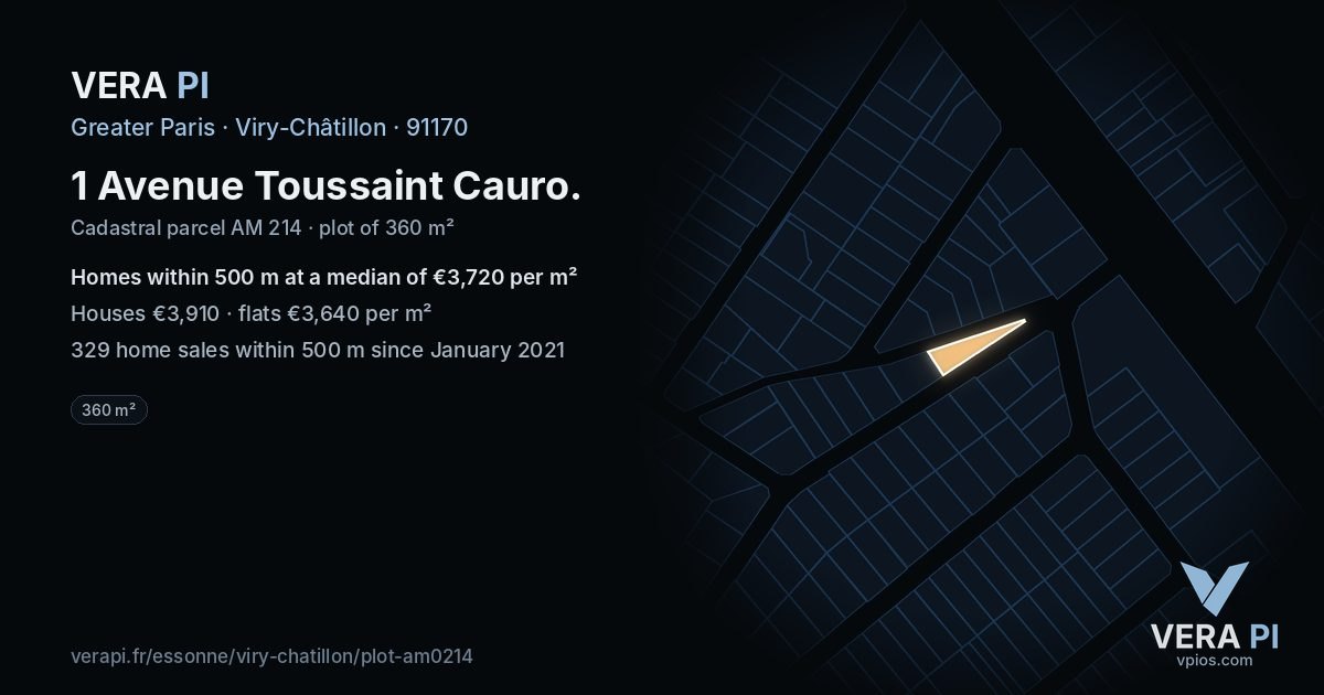 1 Avenue Toussaint Cauro, Viry-Châtillon at night – the plot lit, the parcels around coloured by the prices near them