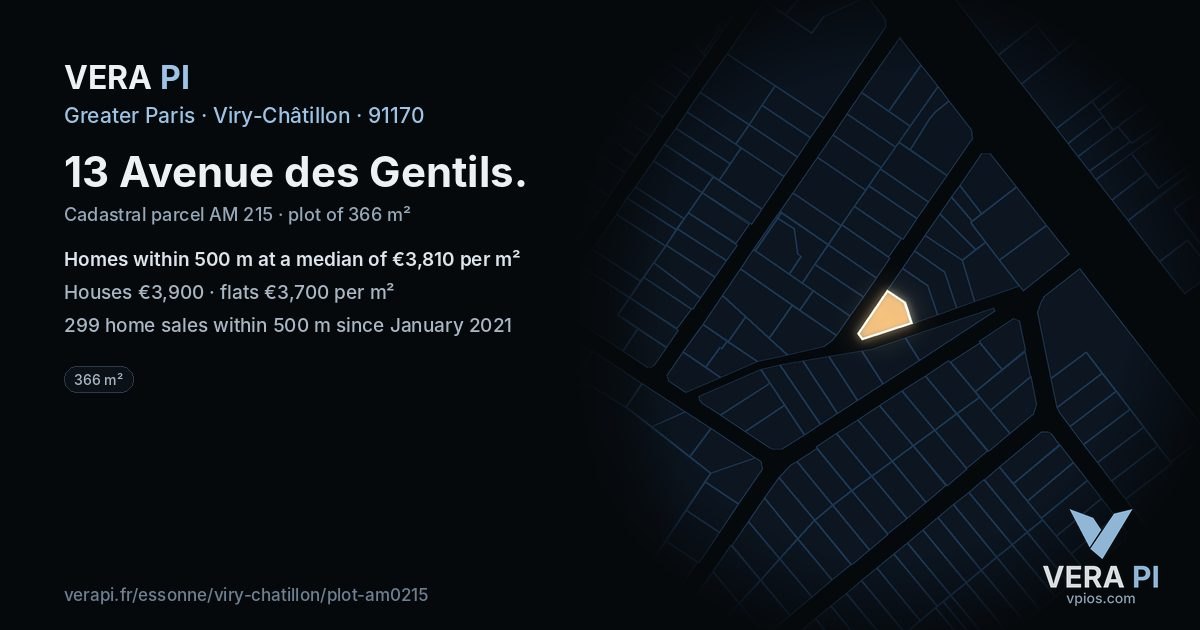 13 Avenue des Gentils, Viry-Châtillon at night – the plot lit, the parcels around coloured by the prices near them