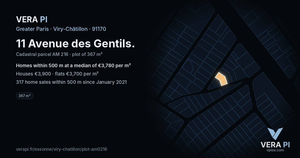 11 Avenue des Gentils, Viry-Châtillon at night – the plot lit, the parcels around coloured by the prices near them