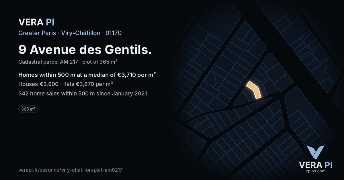 9 Avenue des Gentils, Viry-Châtillon at night – the plot lit, the parcels around coloured by the prices near them
