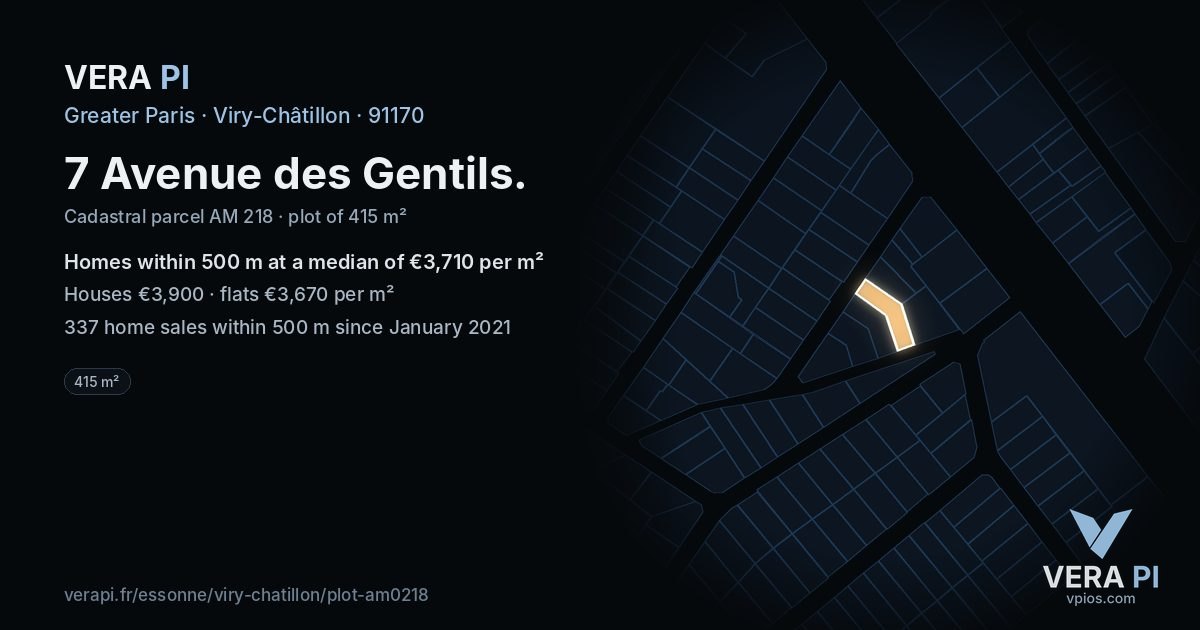 7 Avenue des Gentils, Viry-Châtillon at night – the plot lit, the parcels around coloured by the prices near them