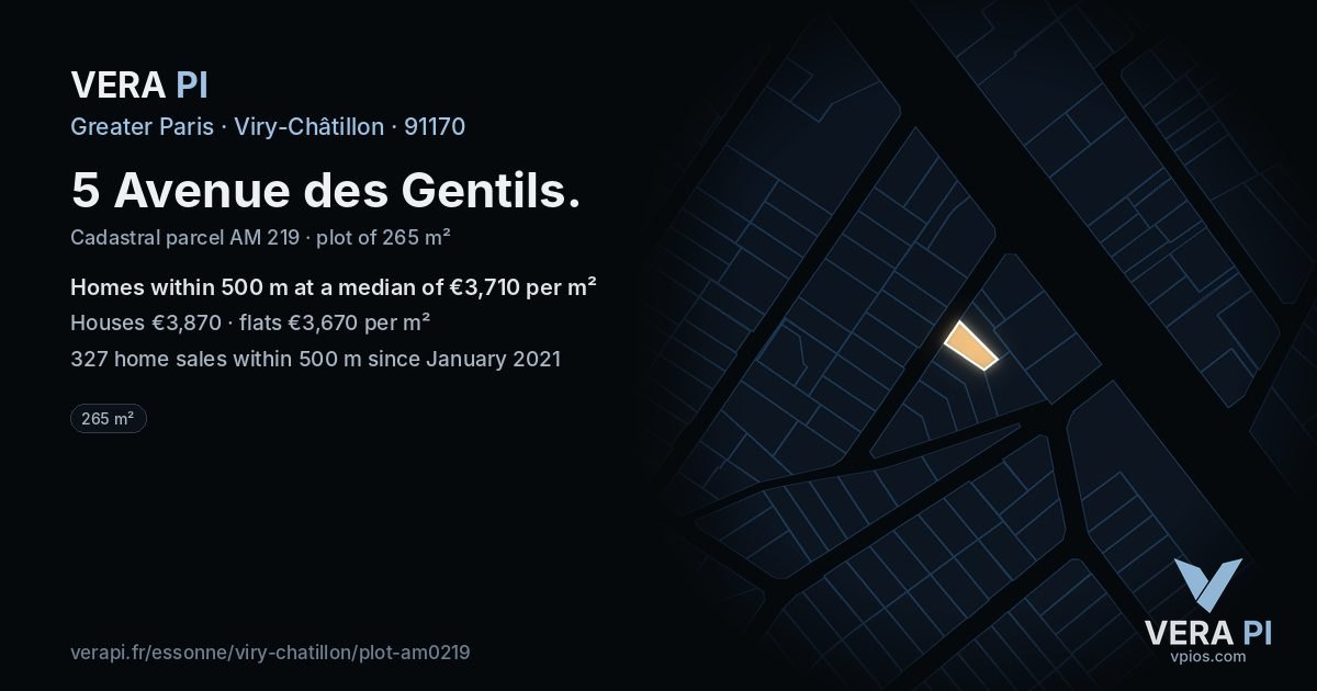 5 Avenue des Gentils, Viry-Châtillon at night – the plot lit, the parcels around coloured by the prices near them