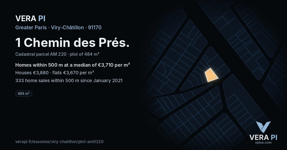 1 Chemin des Prés, Viry-Châtillon at night – the plot lit, the parcels around coloured by the prices near them
