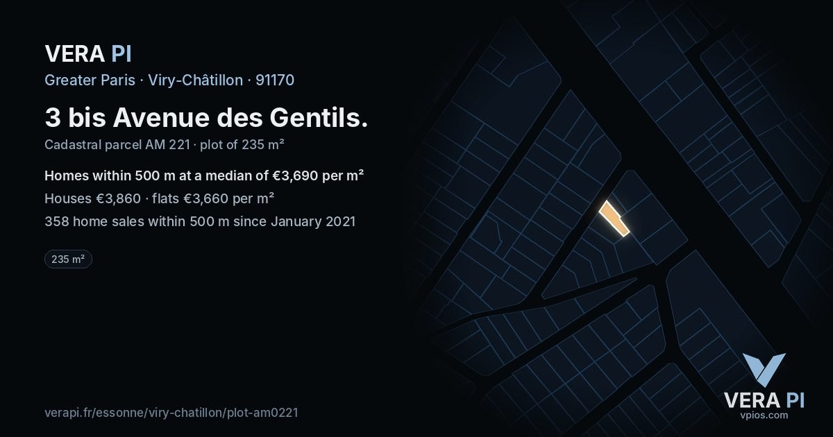 3 bis Avenue des Gentils, Viry-Châtillon at night – the plot lit, the parcels around coloured by the prices near them