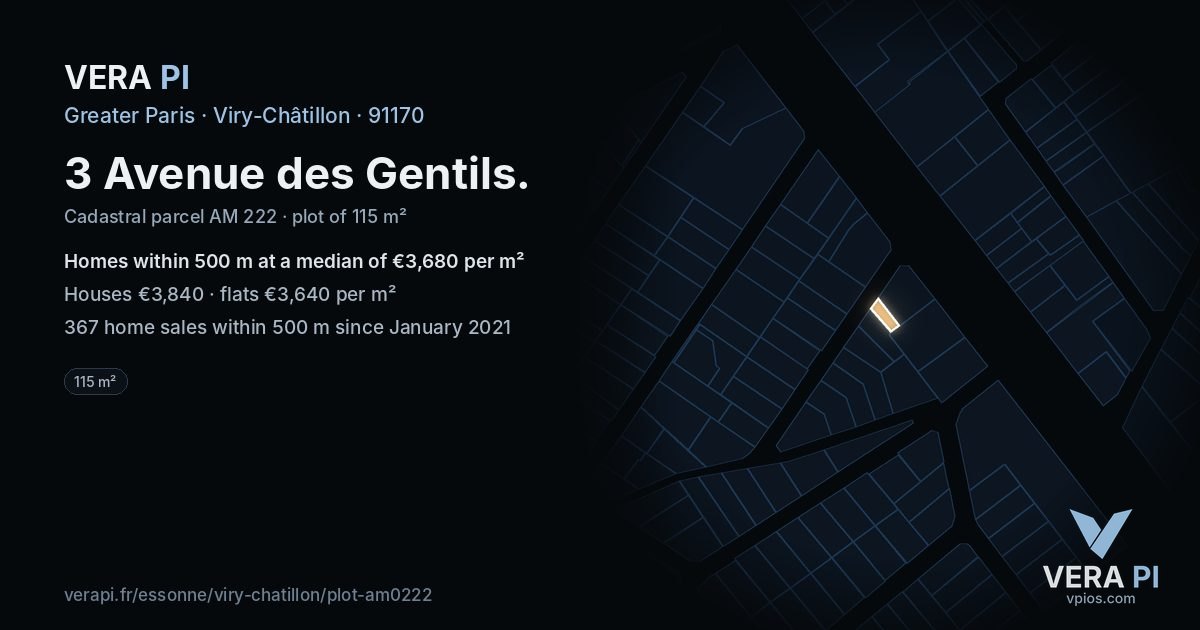 3 Avenue des Gentils, Viry-Châtillon at night – the plot lit, the parcels around coloured by the prices near them