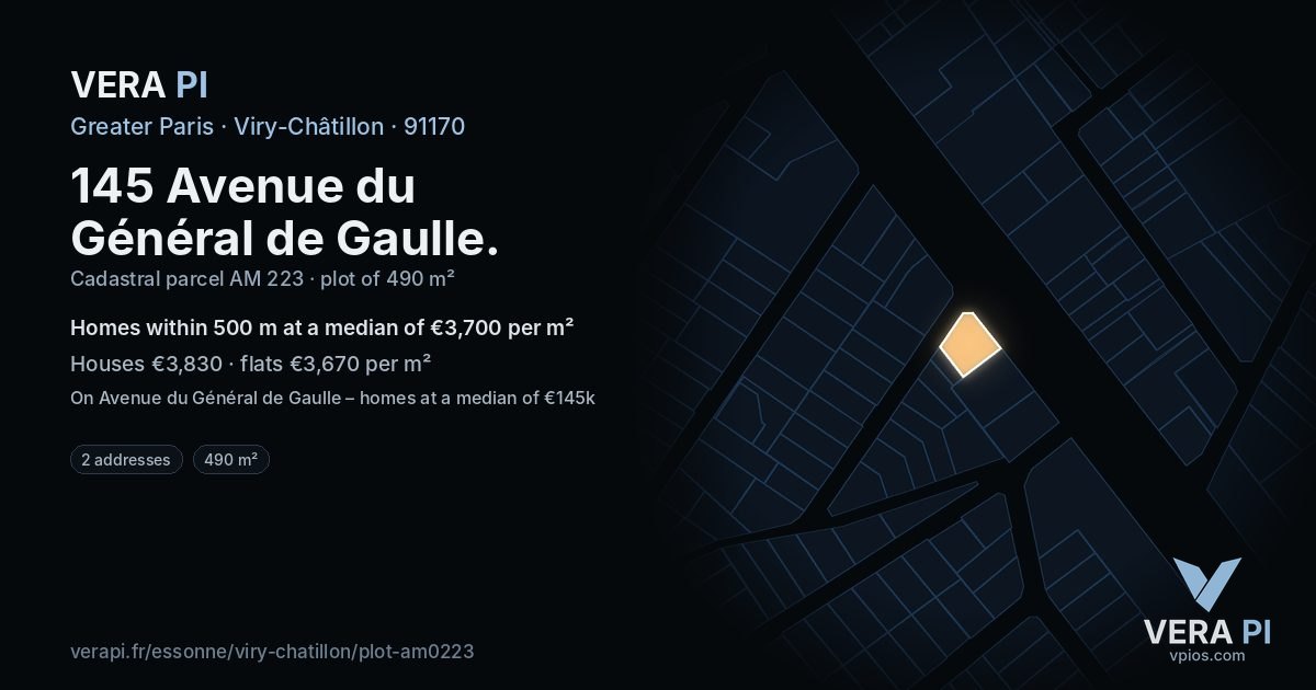 145 Avenue du Général de Gaulle, Viry-Châtillon at night – the plot lit, the parcels around coloured by the prices near them