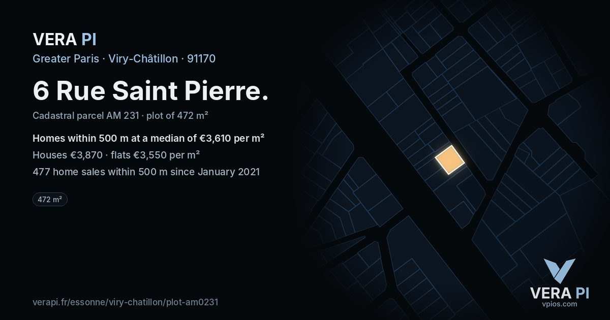 6 Rue Saint Pierre, Viry-Châtillon at night – the plot lit, the parcels around coloured by the prices near them