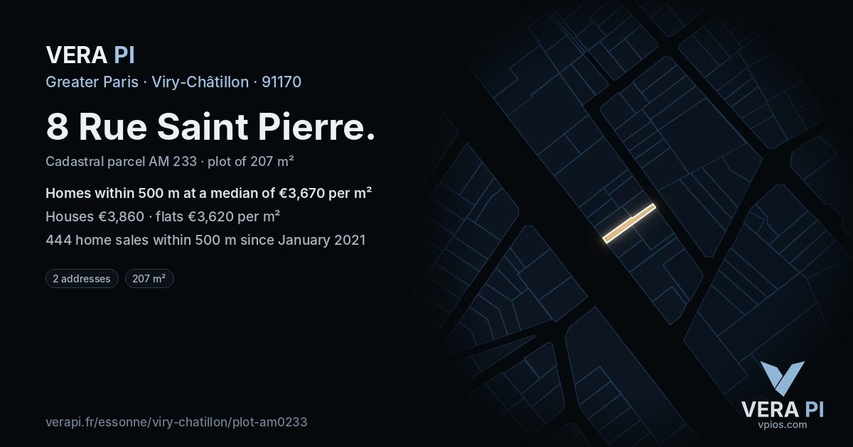 8 Rue Saint Pierre, Viry-Châtillon at night – the plot lit, the parcels around coloured by the prices near them