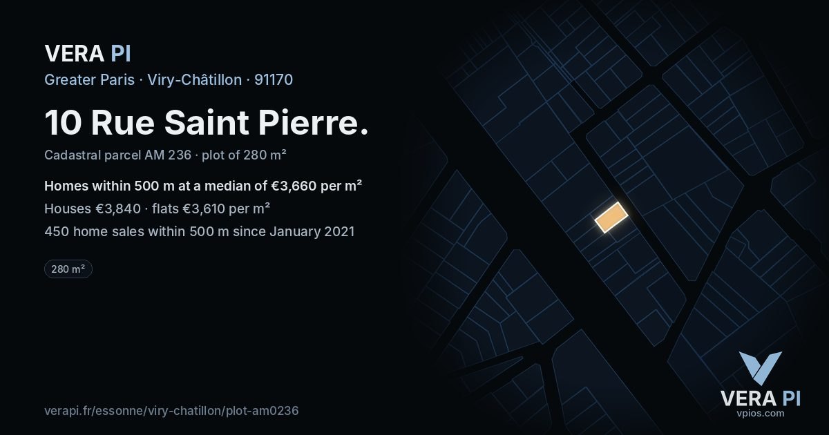 10 Rue Saint Pierre, Viry-Châtillon at night – the plot lit, the parcels around coloured by the prices near them