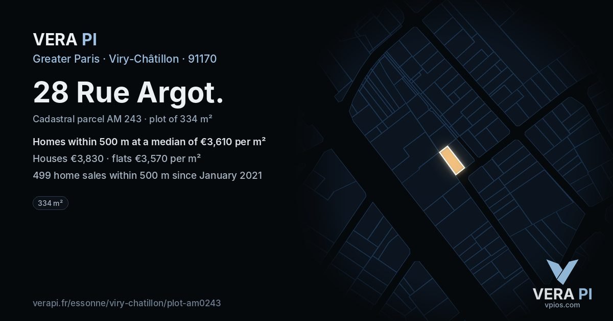28 Rue Argot, Viry-Châtillon at night – the plot lit, the parcels around coloured by the prices near them