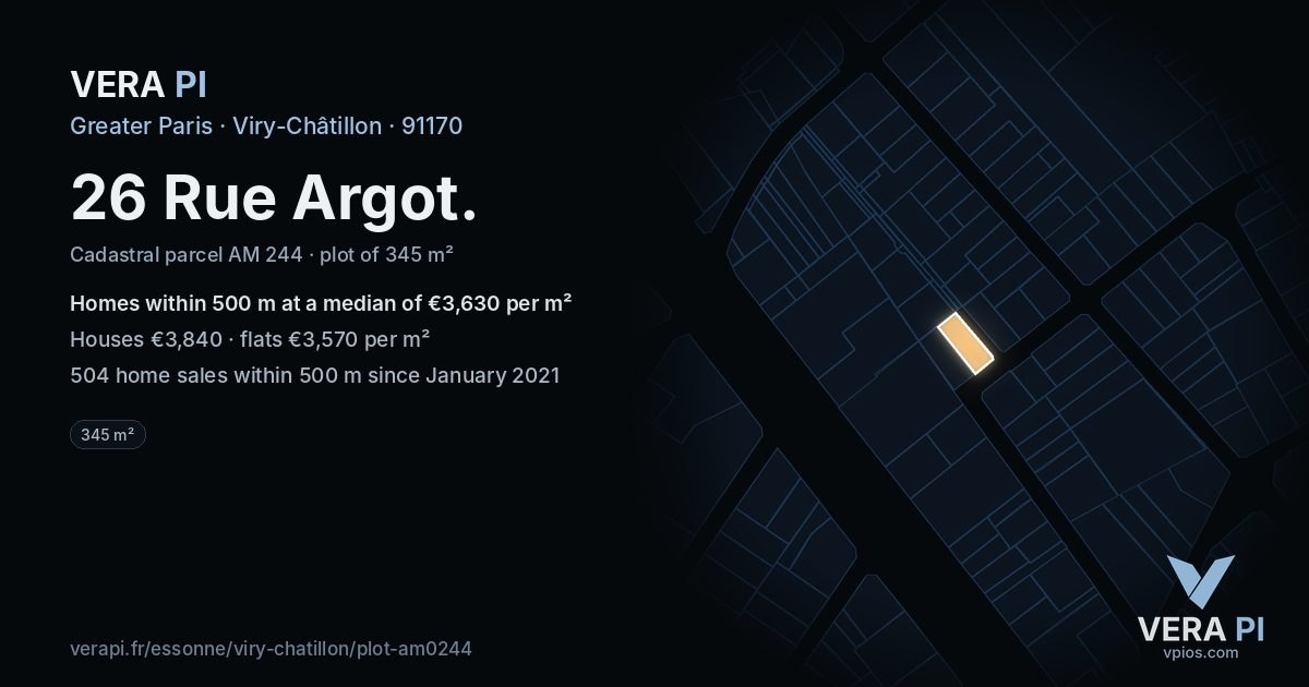 26 Rue Argot, Viry-Châtillon at night – the plot lit, the parcels around coloured by the prices near them