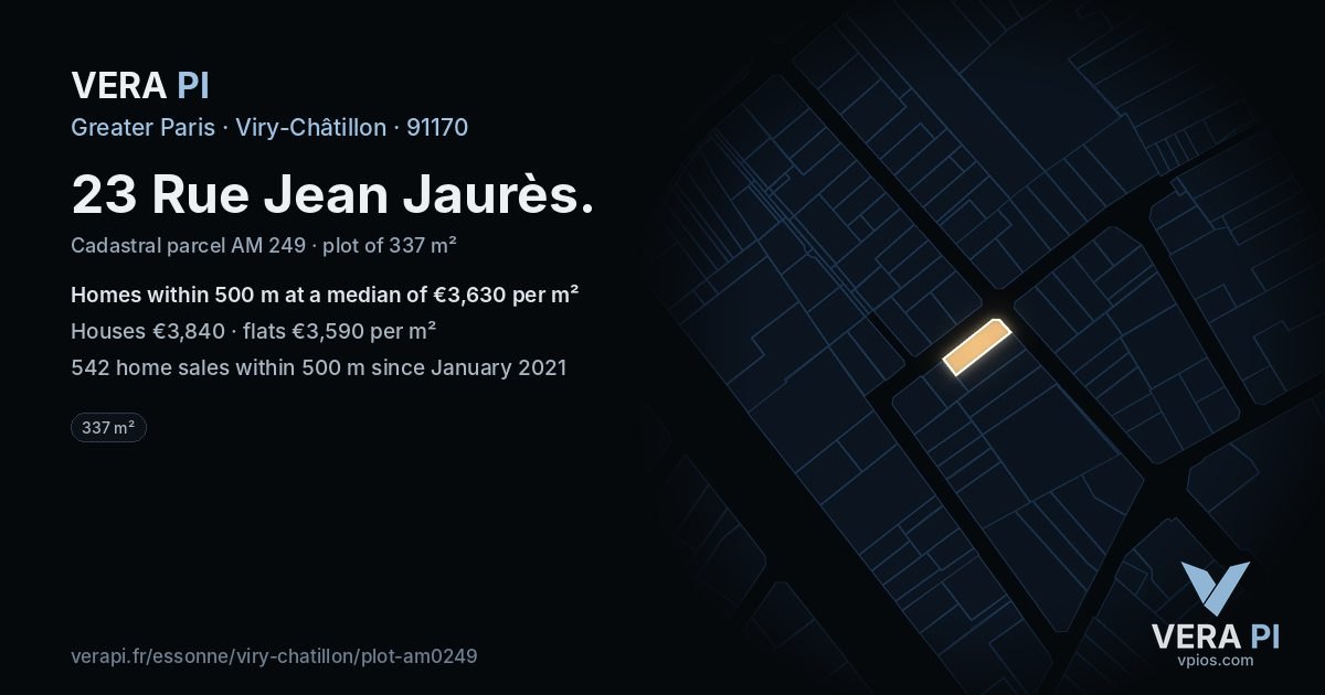 23 Rue Jean Jaurès, Viry-Châtillon at night – the plot lit, the parcels around coloured by the prices near them