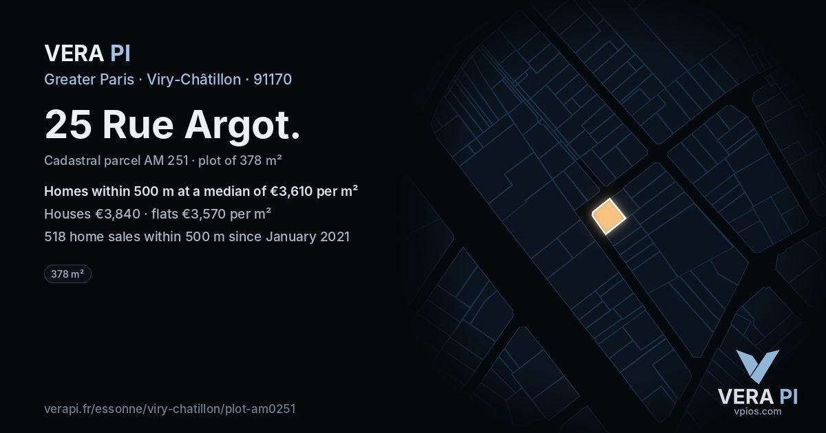 25 Rue Argot, Viry-Châtillon at night – the plot lit, the parcels around coloured by the prices near them