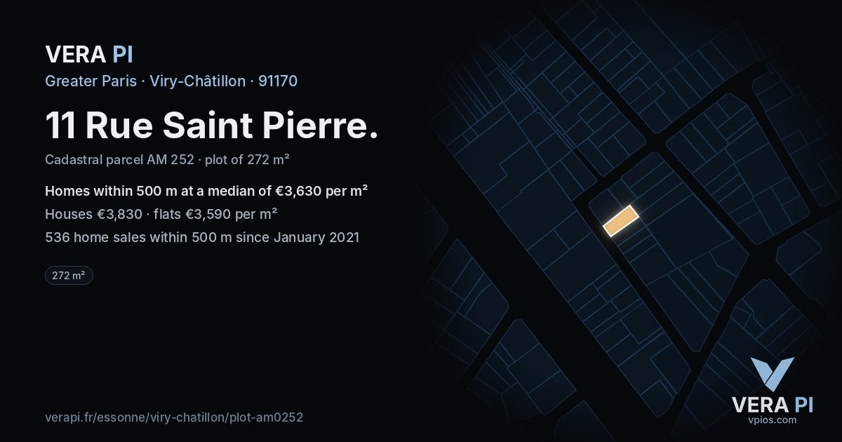 11 Rue Saint Pierre, Viry-Châtillon at night – the plot lit, the parcels around coloured by the prices near them
