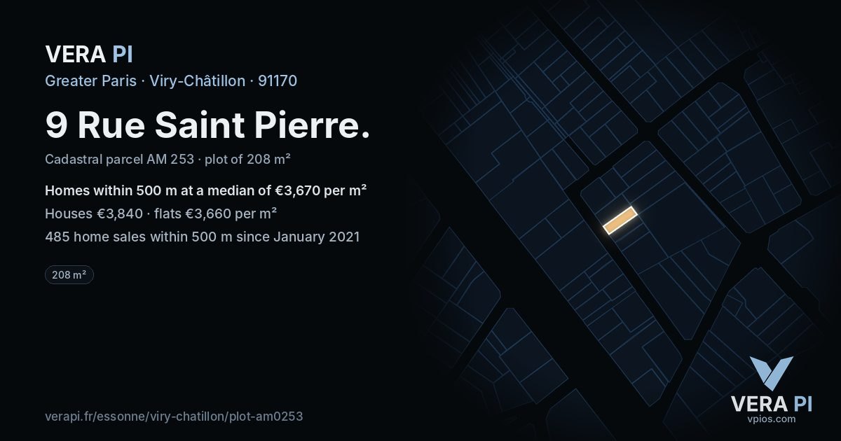 9 Rue Saint Pierre, Viry-Châtillon at night – the plot lit, the parcels around coloured by the prices near them