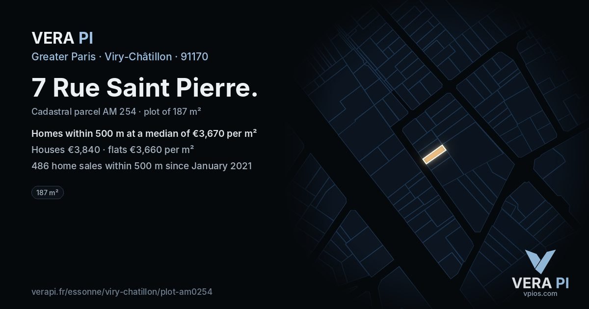 7 Rue Saint Pierre, Viry-Châtillon at night – the plot lit, the parcels around coloured by the prices near them