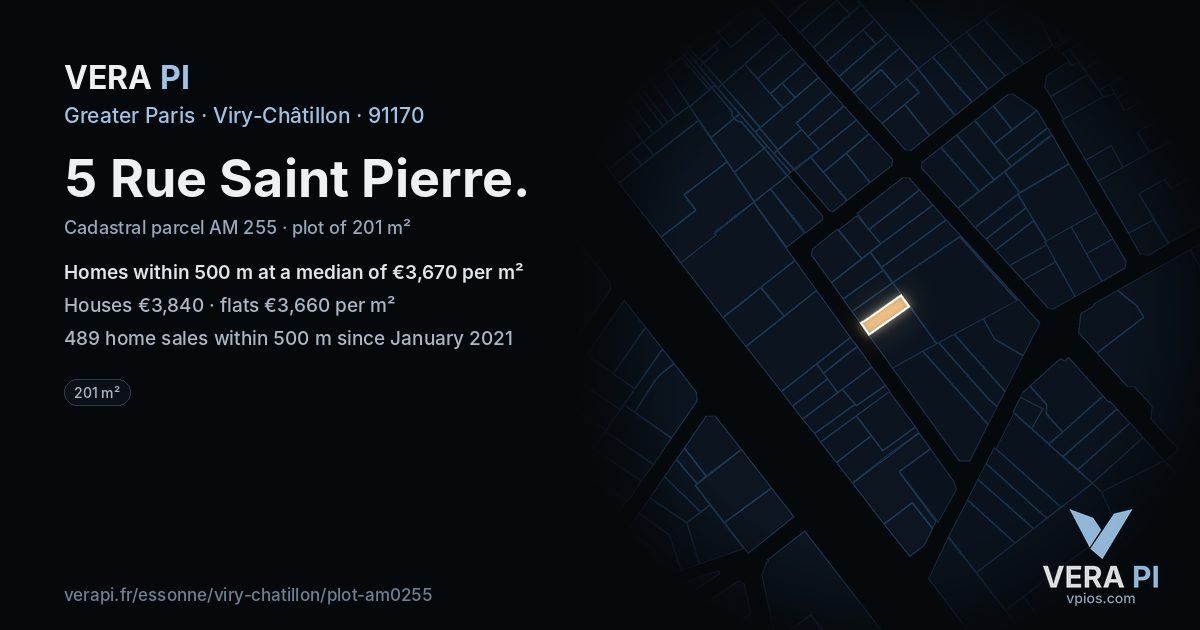 5 Rue Saint Pierre, Viry-Châtillon at night – the plot lit, the parcels around coloured by the prices near them