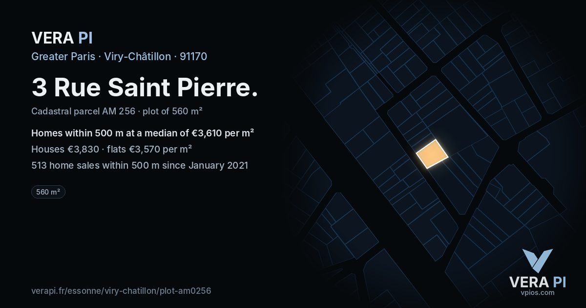 3 Rue Saint Pierre, Viry-Châtillon at night – the plot lit, the parcels around coloured by the prices near them