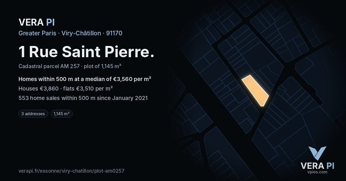 1 Rue Saint Pierre, Viry-Châtillon at night – the plot lit, the parcels around coloured by the prices near them