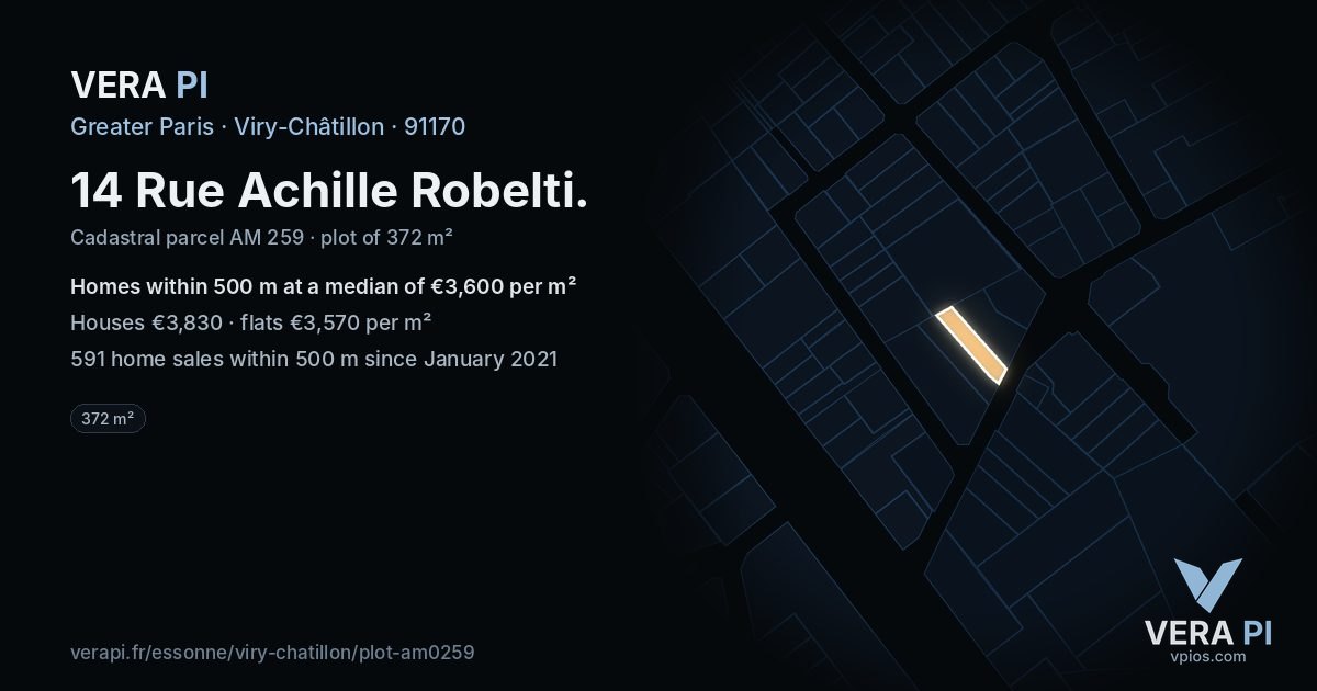 14 Rue Achille Robelti, Viry-Châtillon at night – the plot lit, the parcels around coloured by the prices near them