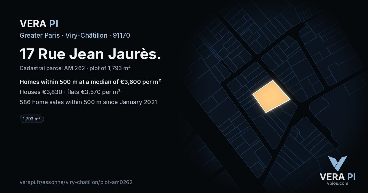 17 Rue Jean Jaurès, Viry-Châtillon at night – the plot lit, the parcels around coloured by the prices near them
