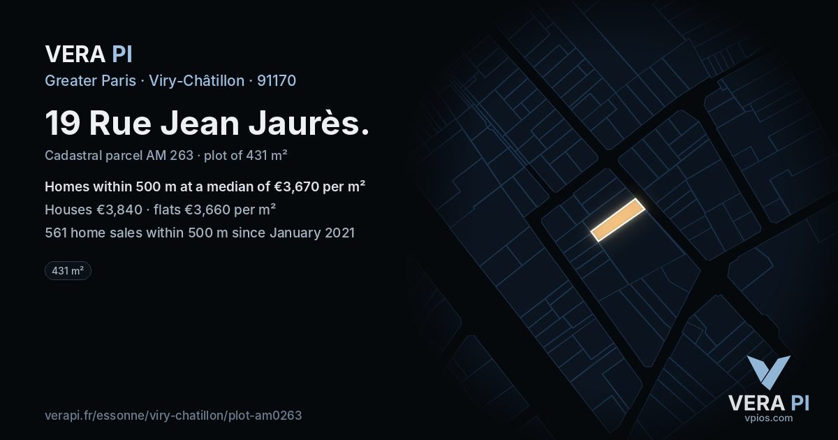 19 Rue Jean Jaurès, Viry-Châtillon at night – the plot lit, the parcels around coloured by the prices near them