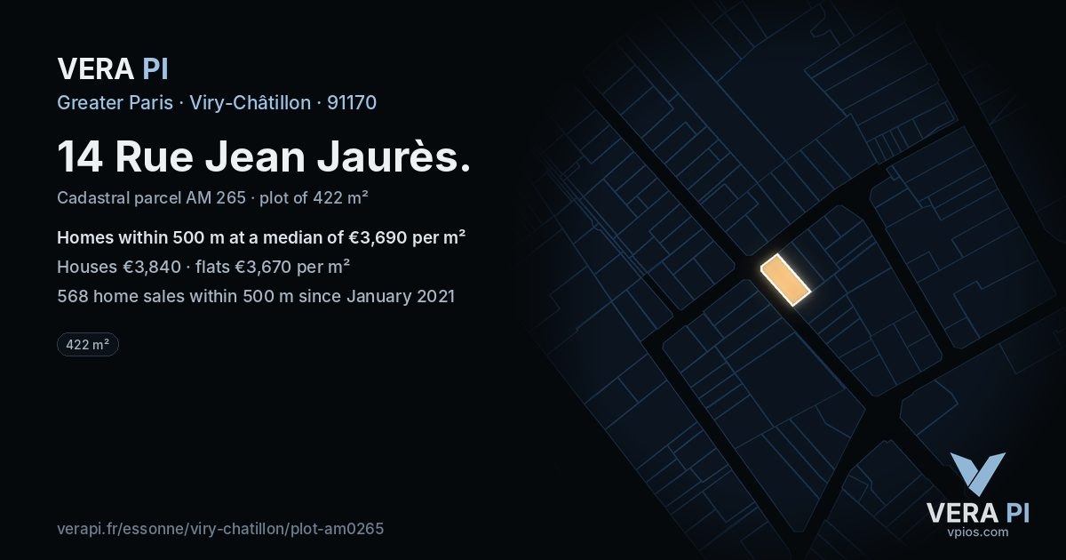 14 Rue Jean Jaurès, Viry-Châtillon at night – the plot lit, the parcels around coloured by the prices near them