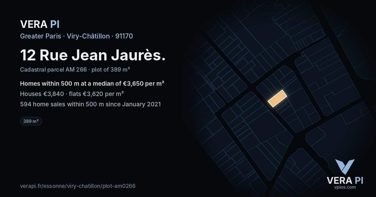 12 Rue Jean Jaurès, Viry-Châtillon at night – the plot lit, the parcels around coloured by the prices near them