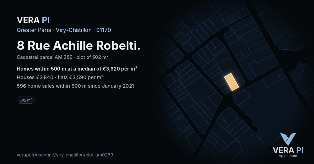 8 Rue Achille Robelti, Viry-Châtillon at night – the plot lit, the parcels around coloured by the prices near them