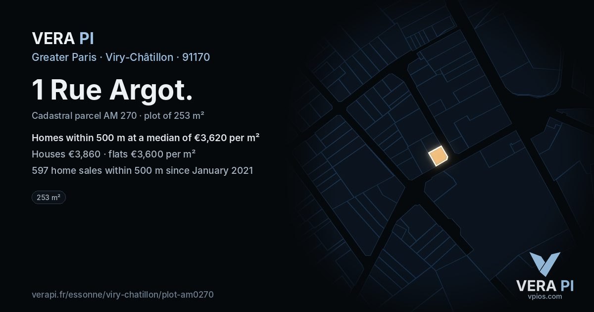1 Rue Argot, Viry-Châtillon at night – the plot lit, the parcels around coloured by the prices near them