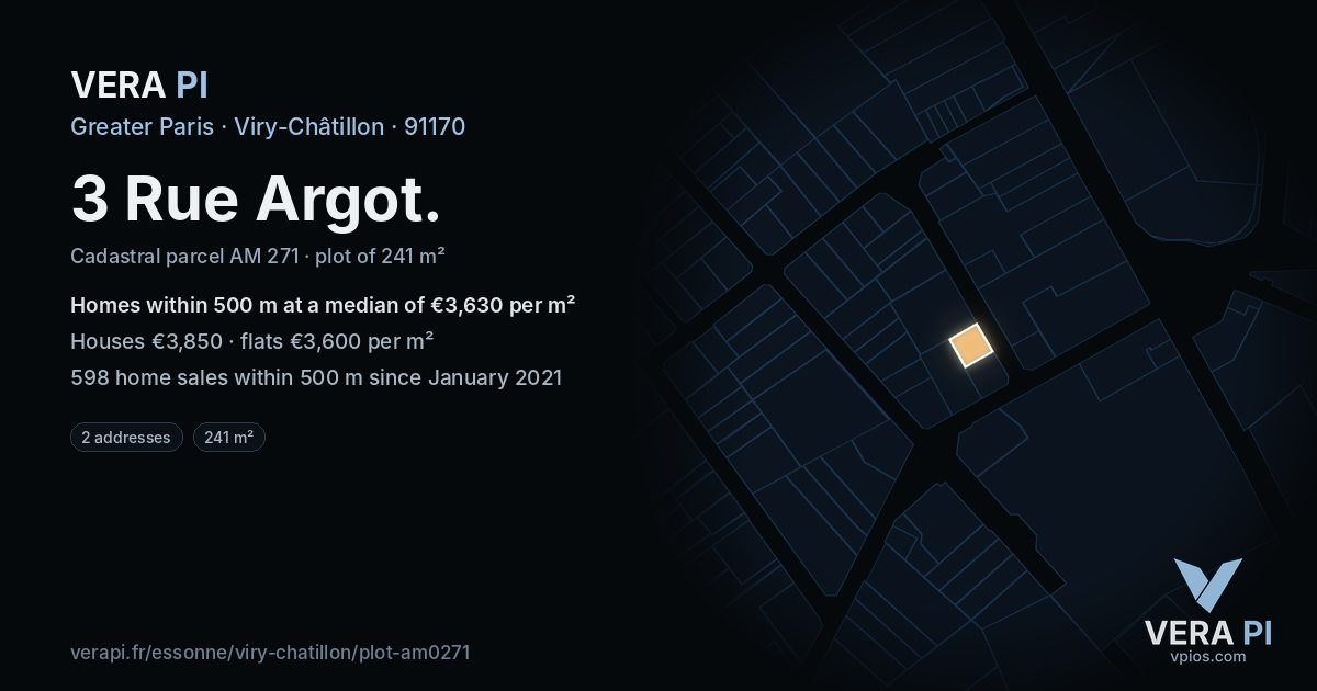 3 Rue Argot, Viry-Châtillon at night – the plot lit, the parcels around coloured by the prices near them