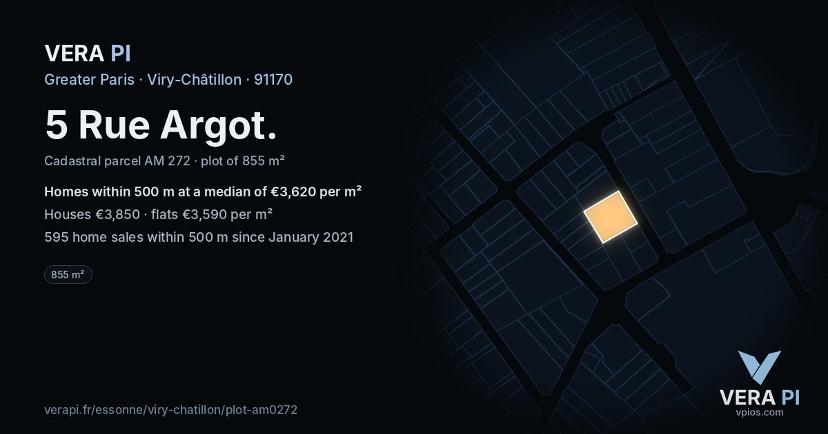 5 Rue Argot, Viry-Châtillon at night – the plot lit, the parcels around coloured by the prices near them