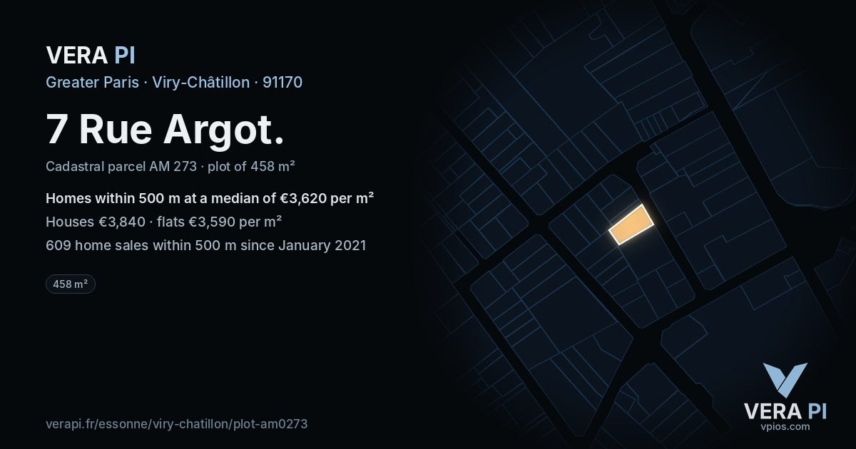 7 Rue Argot, Viry-Châtillon at night – the plot lit, the parcels around coloured by the prices near them