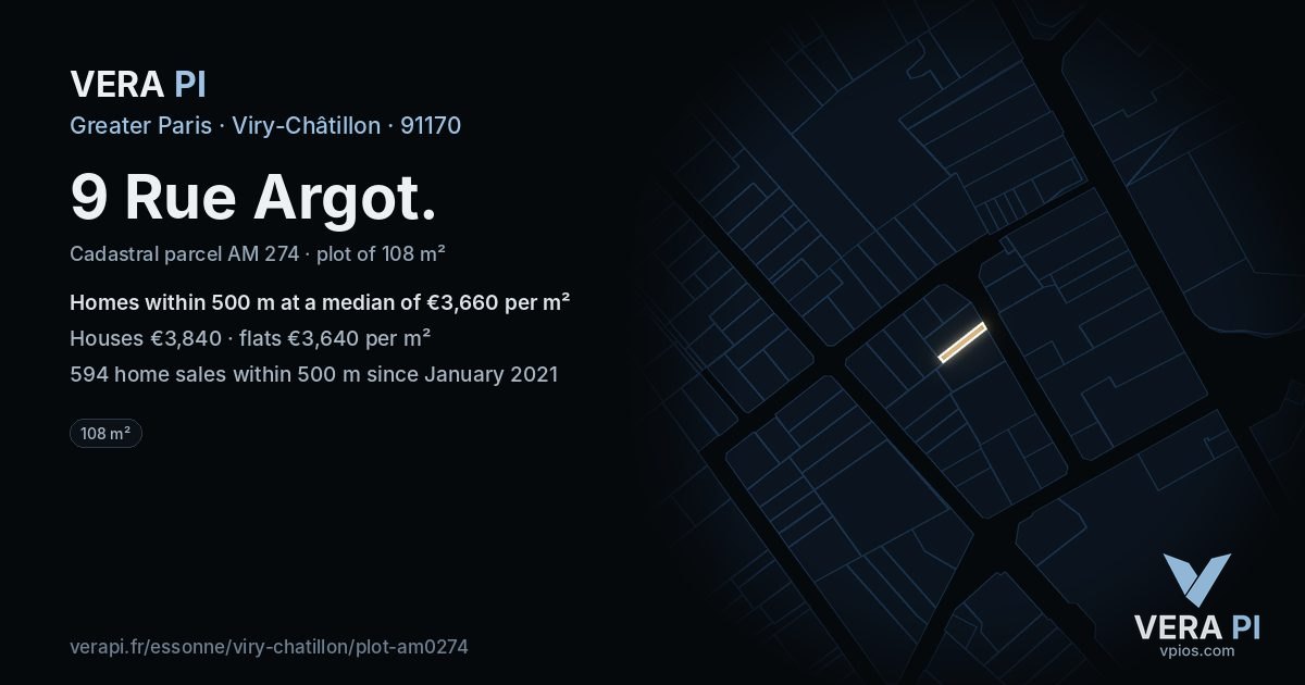 9 Rue Argot, Viry-Châtillon at night – the plot lit, the parcels around coloured by the prices near them