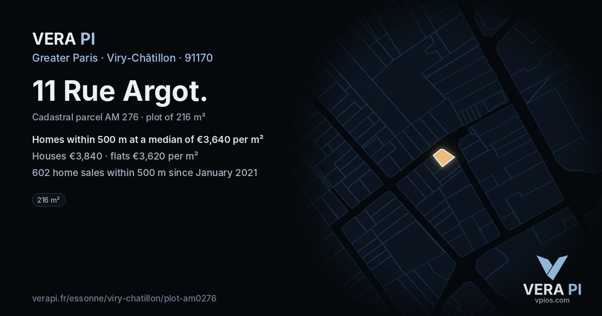 11 Rue Argot, Viry-Châtillon at night – the plot lit, the parcels around coloured by the prices near them