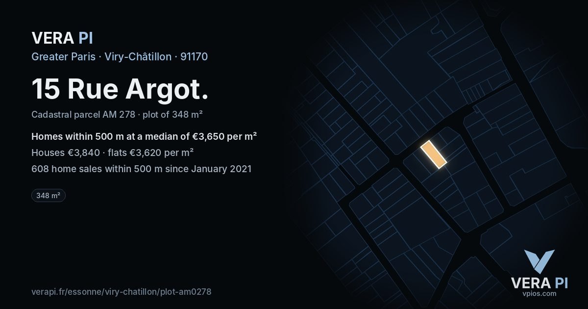15 Rue Argot, Viry-Châtillon at night – the plot lit, the parcels around coloured by the prices near them