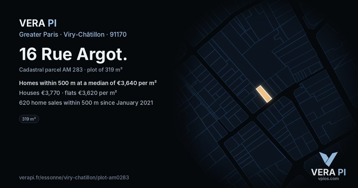 16 Rue Argot, Viry-Châtillon at night – the plot lit, the parcels around coloured by the prices near them