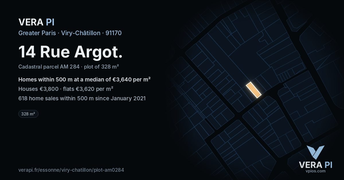 14 Rue Argot, Viry-Châtillon at night – the plot lit, the parcels around coloured by the prices near them