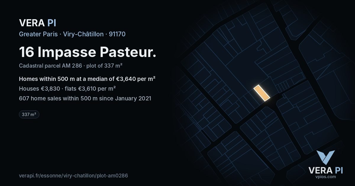 16 Impasse Pasteur, Viry-Châtillon at night – the plot lit, the parcels around coloured by the prices near them