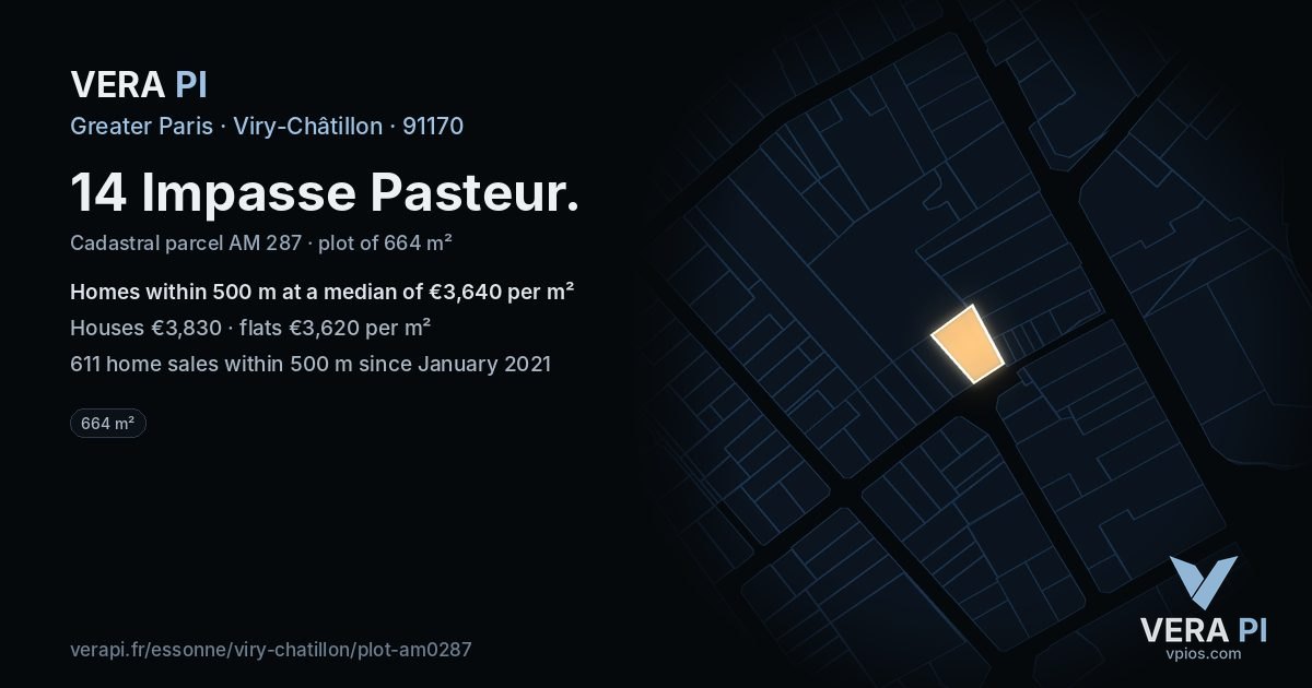 14 Impasse Pasteur, Viry-Châtillon at night – the plot lit, the parcels around coloured by the prices near them