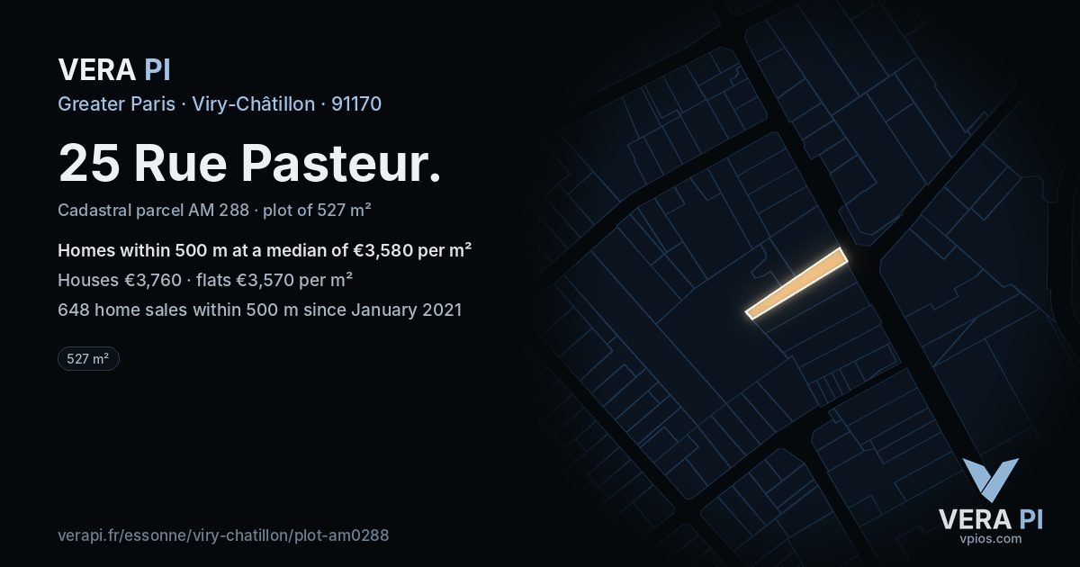 25 Rue Pasteur, Viry-Châtillon at night – the plot lit, the parcels around coloured by the prices near them