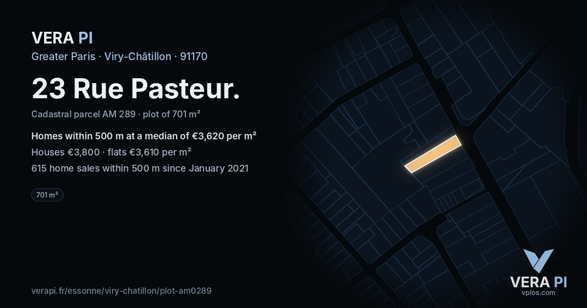 23 Rue Pasteur, Viry-Châtillon at night – the plot lit, the parcels around coloured by the prices near them