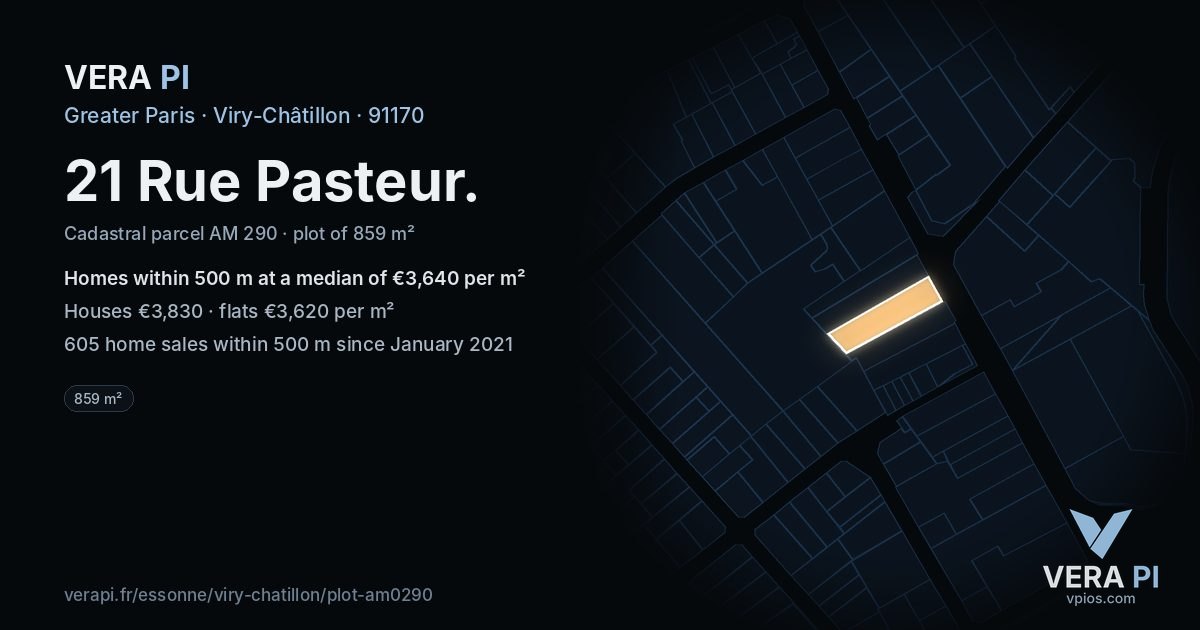 21 Rue Pasteur, Viry-Châtillon at night – the plot lit, the parcels around coloured by the prices near them