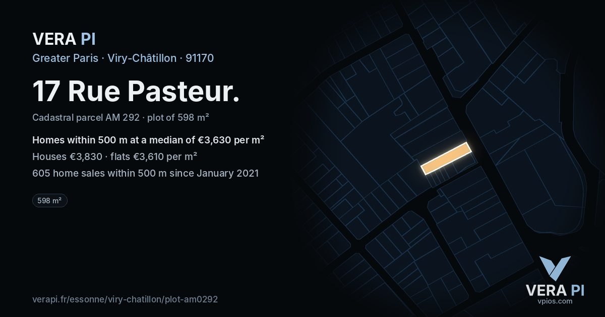 17 Rue Pasteur, Viry-Châtillon at night – the plot lit, the parcels around coloured by the prices near them