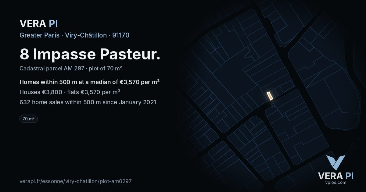 8 Impasse Pasteur, Viry-Châtillon at night – the plot lit, the parcels around coloured by the prices near them