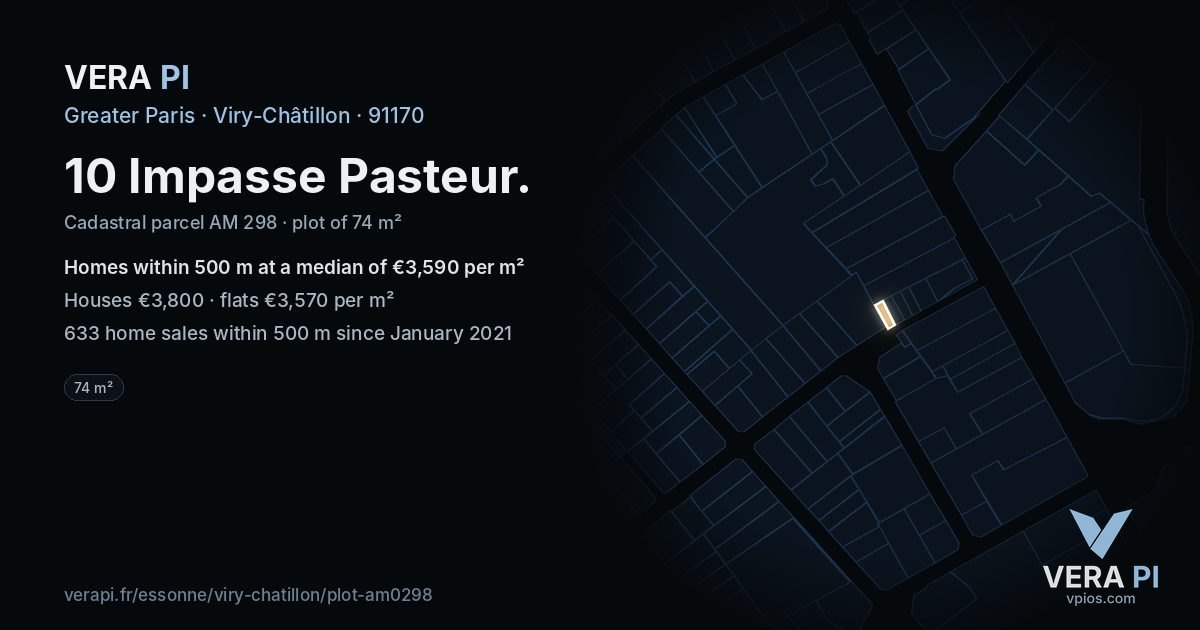 10 Impasse Pasteur, Viry-Châtillon at night – the plot lit, the parcels around coloured by the prices near them