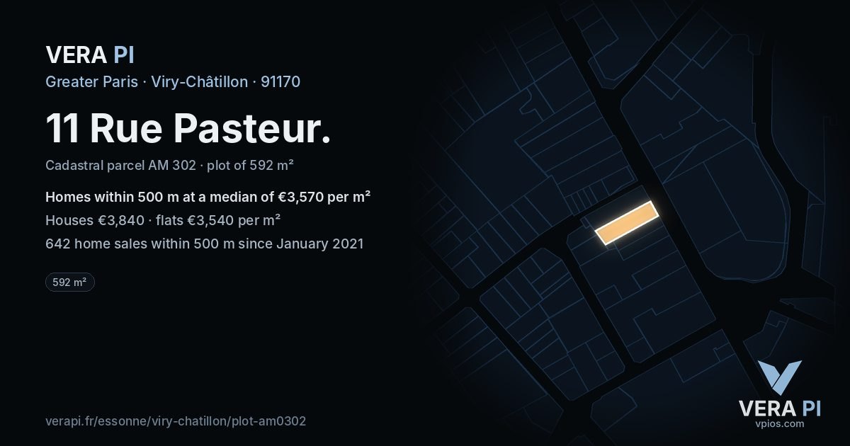 11 Rue Pasteur, Viry-Châtillon at night – the plot lit, the parcels around coloured by the prices near them