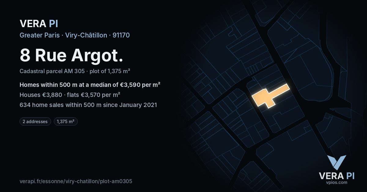 8 Rue Argot, Viry-Châtillon at night – the plot lit, the parcels around coloured by the prices near them